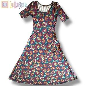 🌹NWT LULAROE Ana Maxi Dress Mid-Sleeve Scoop Neck Pixel Roses | Sz L